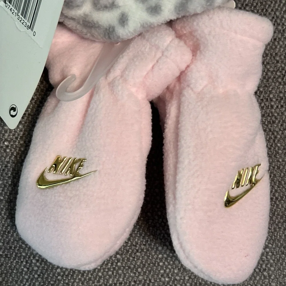 Nike Gray Leopard Fleece Trapper Hat & Pink Mittens 2 PC Set Girls 12/24 MOS